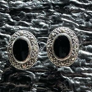 Vintage GSJ 925 Onyx and Marcasite Art Deco Post Back Earrings - Sterling Silver